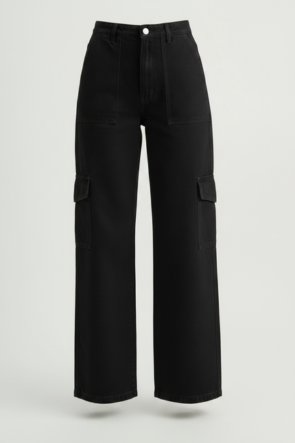 Pantalon Noir Cargo, Large, Taille Haute, Décontracté, Femme - Jean - vue 3