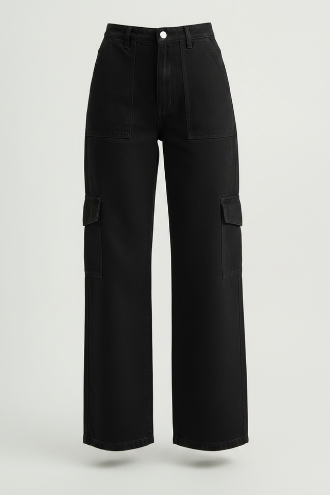 Pantalon Noir Cargo, Large, Taille Haute, Décontracté, Femme - Jean - vue 3