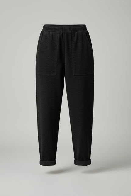 Pantalon Noir Côtelé Ample Taille Élastique Femme - Cordé - vue 3