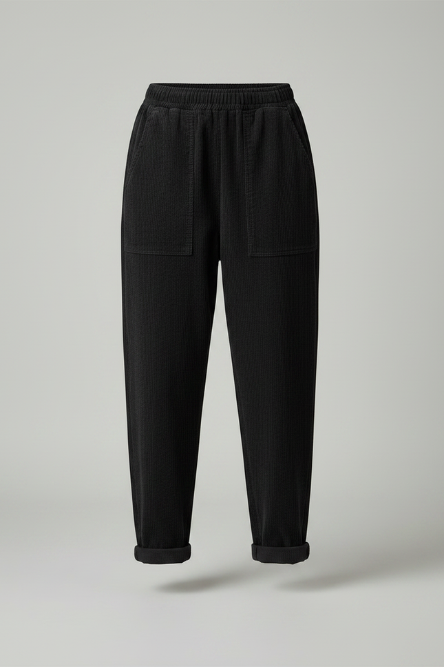 Pantalon Noir Côtelé Ample Taille Élastique Femme - Cordé - vue 3