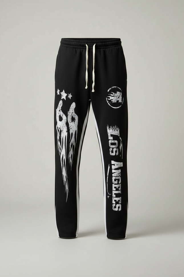 Pantalon Noir Évasé Imprimé Graffiti Streetwear Cordon Homme - Molleton - vue 3