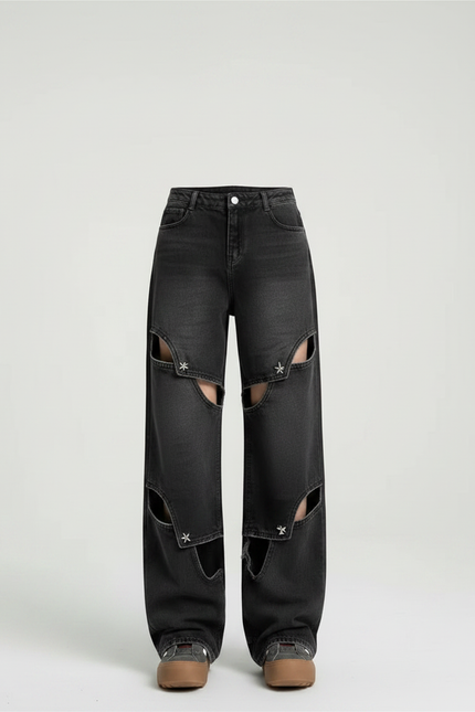 Pantalon Noir Jeans Ample Découpé Étoiles Rétro - vue 3
