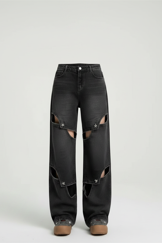 Pantalon Noir Jeans Ample Découpé Étoiles Rétro - vue 3