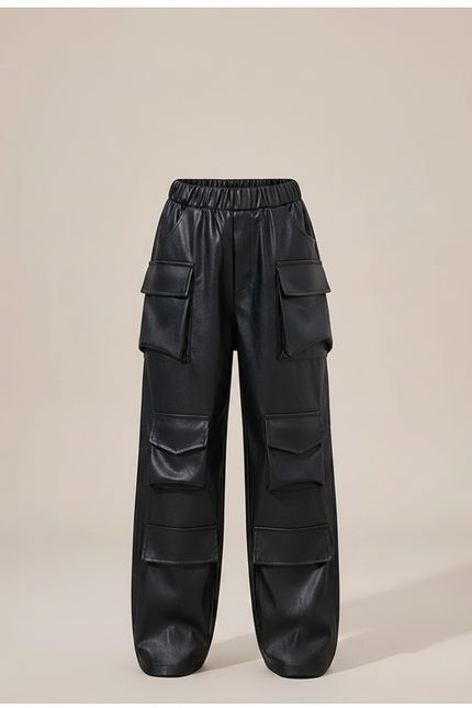 Pantalon Noir Fille Cuir Ample Cargo Streetwear - Simili cuir - vue 3