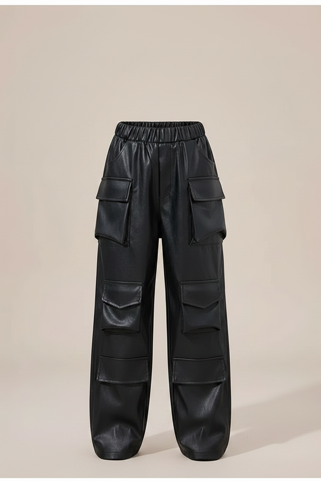 Pantalon Noir Fille Cuir Ample Cargo Streetwear - Simili cuir - vue 3