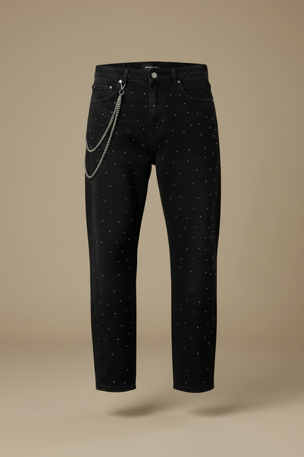 Pantalon Noir Décontracté Strass Coupe Droite Homme - Jean - vue 3