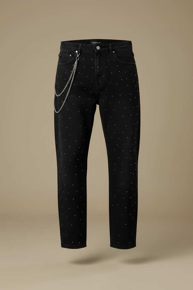 Pantalon Noir Décontracté Strass Coupe Droite Homme - Jean - vue 3