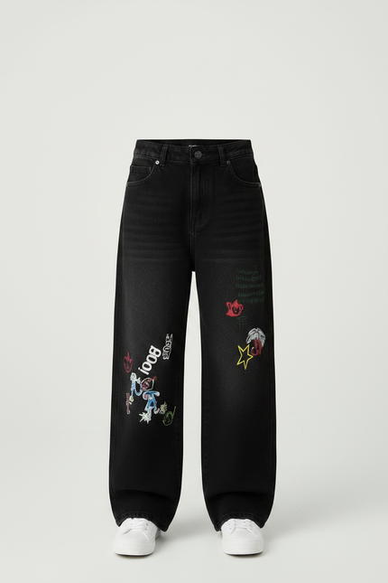 Pantalon Noir Denim Brodé Ample Enfant - Jean - vue 3