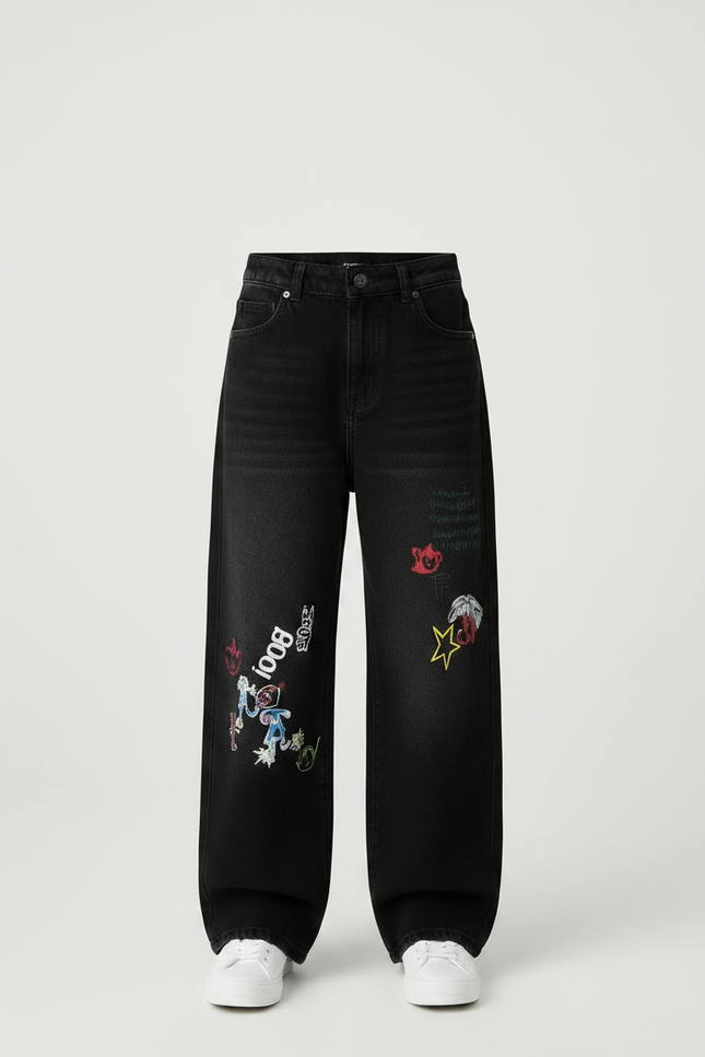 Pantalon Noir Denim Brodé Ample Enfant - Jean - vue 3