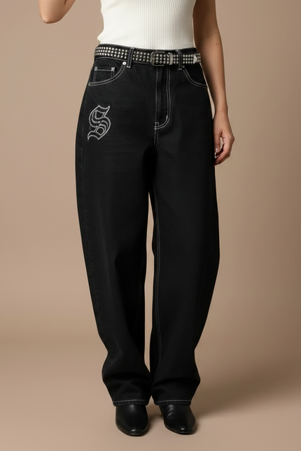Pantalon Noir Jeans Ample Brodé Streetwear Femme - vue 3
