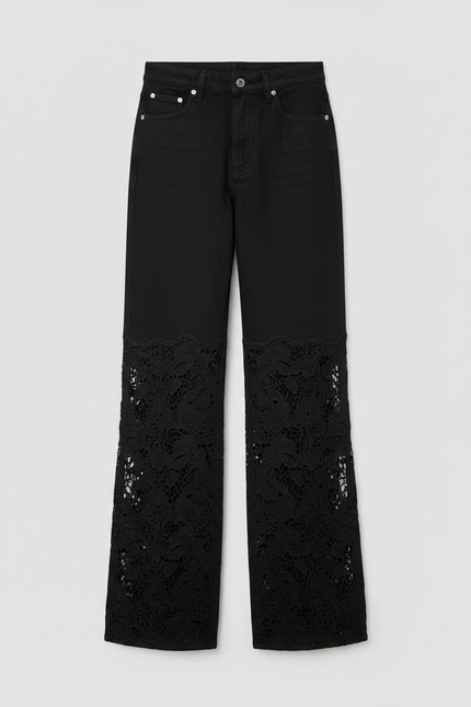 Pantalon Noir Large Dentelle Évidée Patchwork Femme - Jean - vue 3