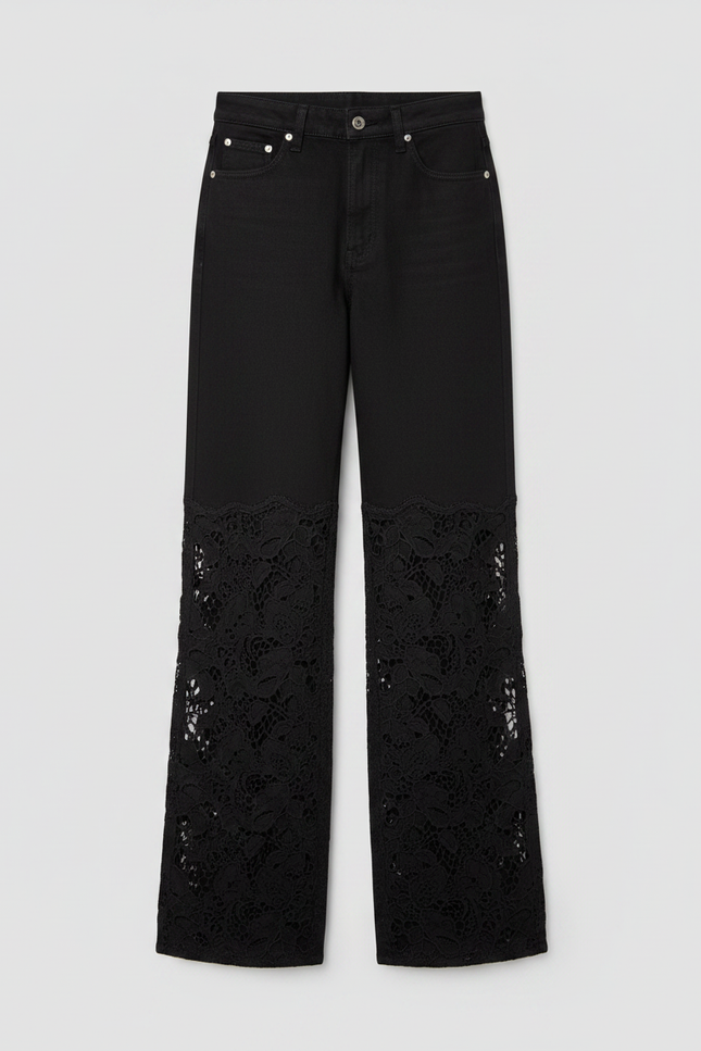 Pantalon Noir Large Dentelle Évidée Patchwork Femme - Jean - vue 3