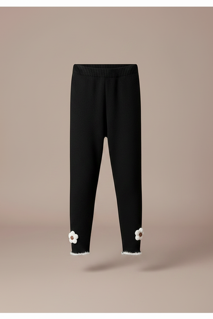 Pantalon Noir Enfant, Côtelé, Fleurs, Hiver, Chaud - Maille - vue 3