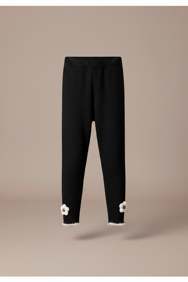 Pantalon Noir Enfant, Côtelé, Fleurs, Hiver, Chaud - Maille - vue 3
