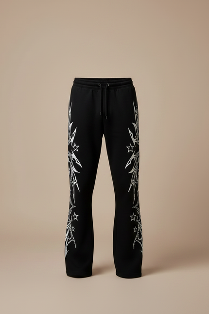 Pantalon Noir Évasé Imprimé Étoiles Streetwear - Molleton - vue 3