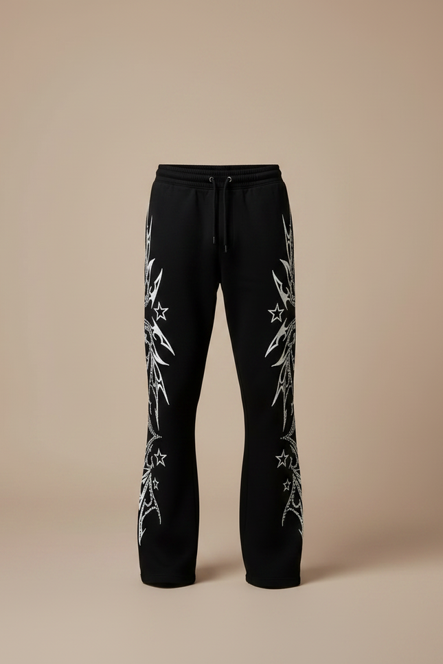 Pantalon Noir Évasé Imprimé Étoiles Streetwear - Molleton - vue 3