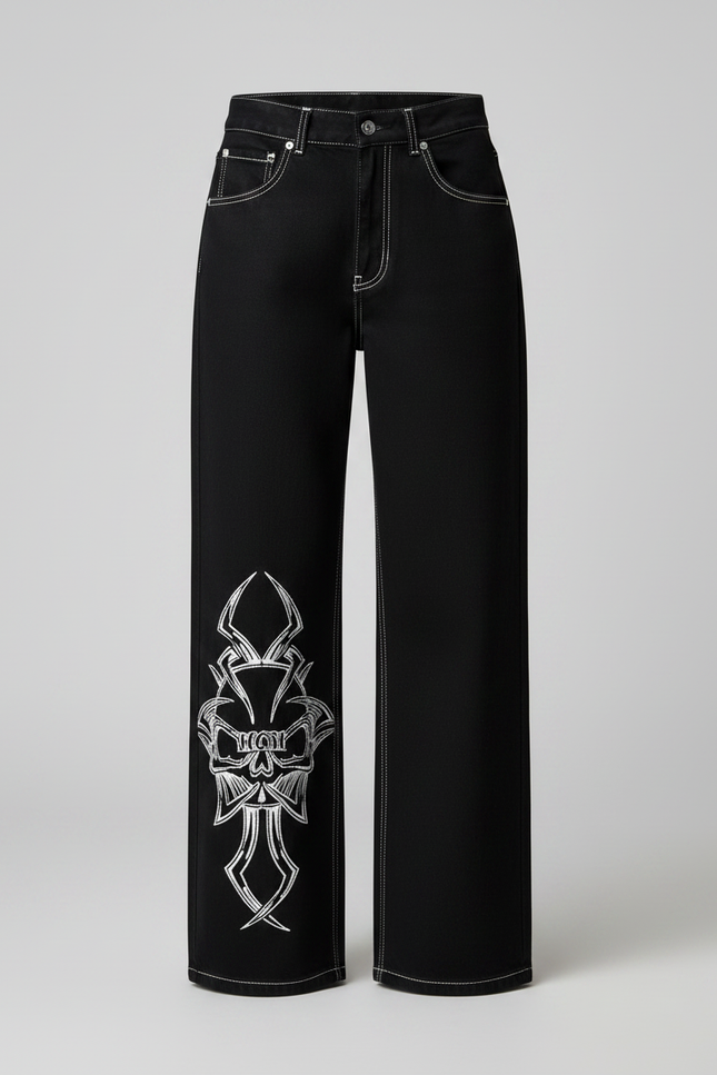 Pantalon Noir Large Brodé Crâne Streetwear Femme - Jean - vue 3