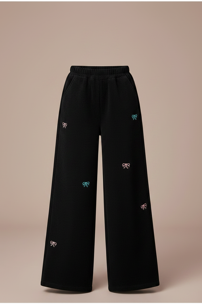 Pantalon Noir Côtelé Ample Brodé Nœuds Fille - Velours - vue 3