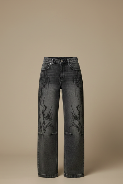 Pantalon Noir Jean Ample Délavé Brodé Tribal Femme - Gris - vue 3
