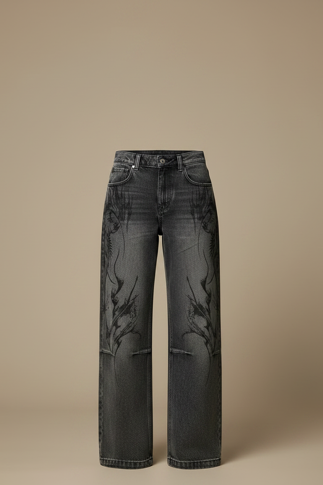 Pantalon Noir Jean Ample Délavé Brodé Tribal Femme - Gris - vue 3