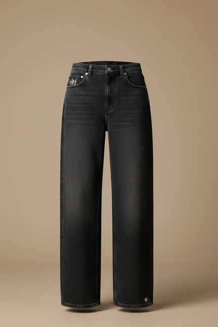 Pantalon Noir Large Délavé Brodé Femme - Jean - vue 3