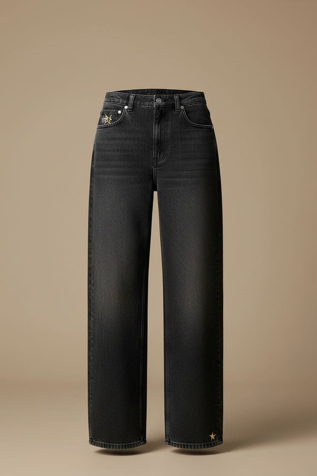 Pantalon Noir Large Délavé Brodé Femme - Jean - vue 3