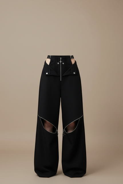 Pantalon Noir Ample Zippé Chaînes Découpé Femme - Polyester - vue 3