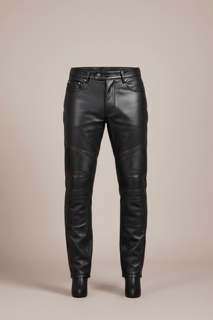 Pantalon Noir Homme Cuir Motard Slim Matelassé - vue 3