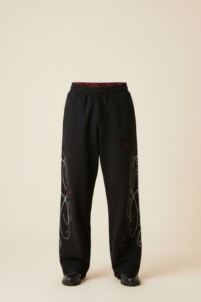 Pantalon Noir Brodé Ample Décontracté Streetwear - Molleton - vue 3