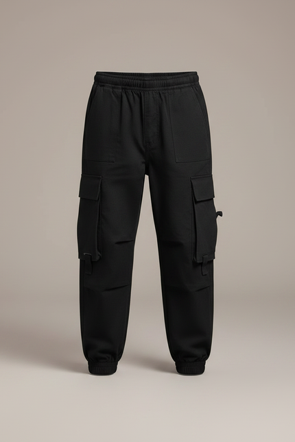 Pantalon Noir Cargo Coton Streetwear Ample Garçon - Toile - vue 3