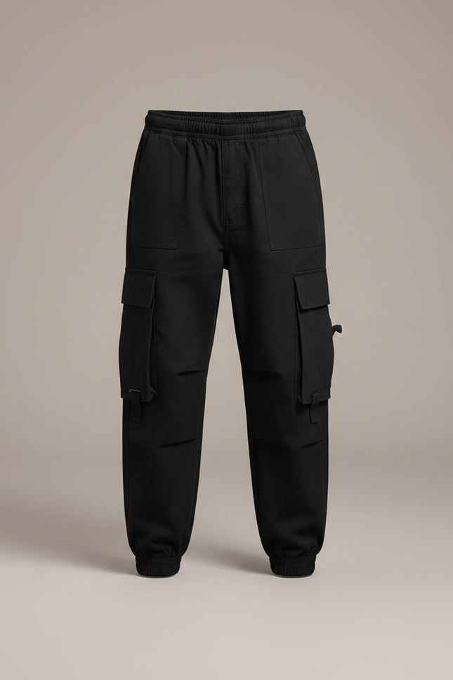 Pantalon Noir Cargo Coton Streetwear Ample Garçon - Toile - vue 3
