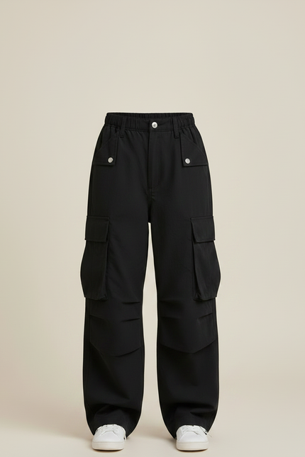 Pantalon Noir Cargo Ample Décontracté Fille - Polyester - vue 3