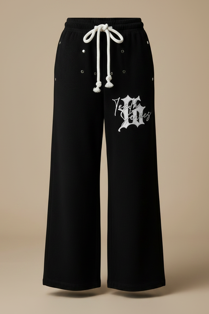 Pantalon Noir Large Décontracté Imprimé Cordon - Molleton - vue 3