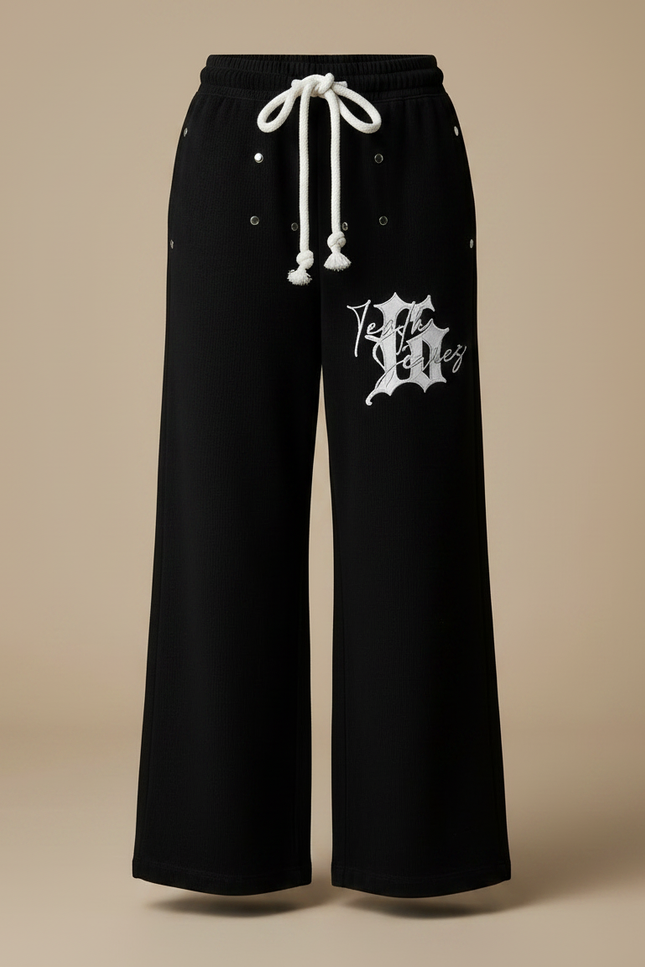 Pantalon Noir Large Décontracté Imprimé Cordon - Molleton - vue 3