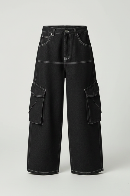 Pantalon Noir Denim Ample Cargo Garçon Décontracté - Jean - vue 3
