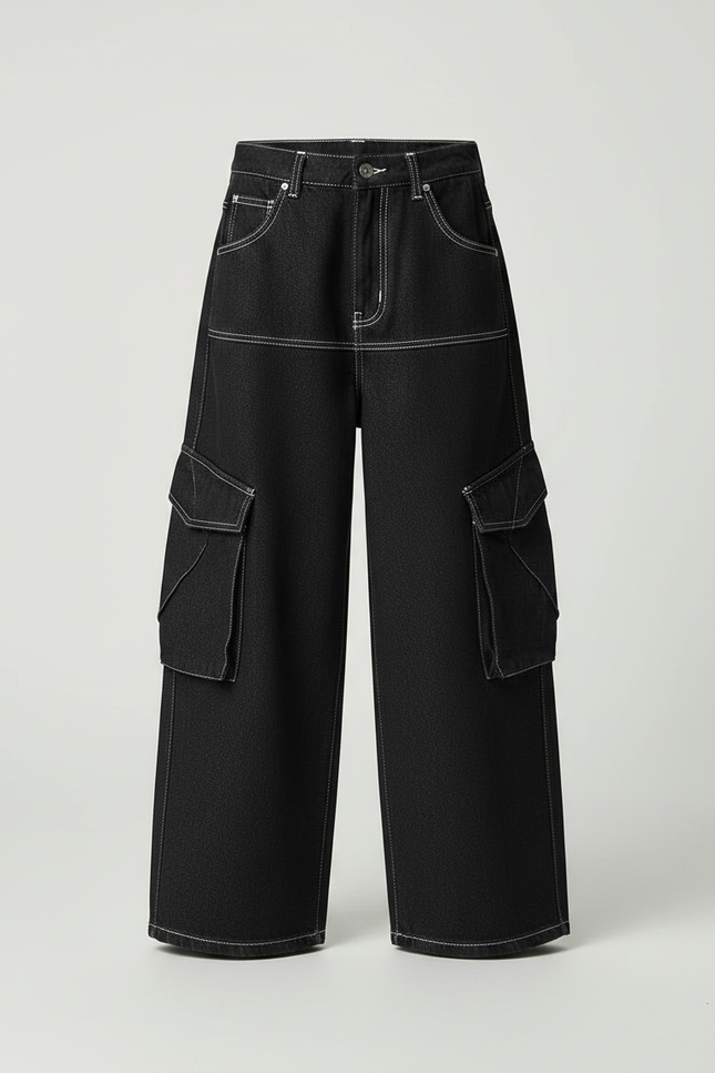 Pantalon Noir Denim Ample Cargo Garçon Décontracté - Jean - vue 3