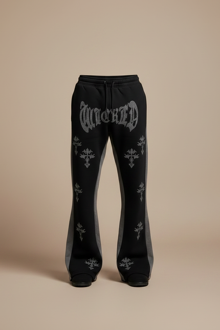 Pantalon Noir Évasé Imprimé Croix Y2K Homme - Molleton - vue 3