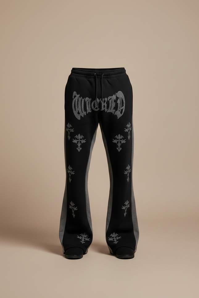Pantalon Noir Évasé Imprimé Croix Y2K Homme - Molleton - vue 3