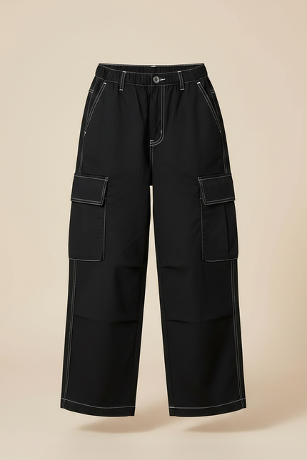 Pantalon Noir Cargo Ample Streetwear Fille - Toile - vue 3