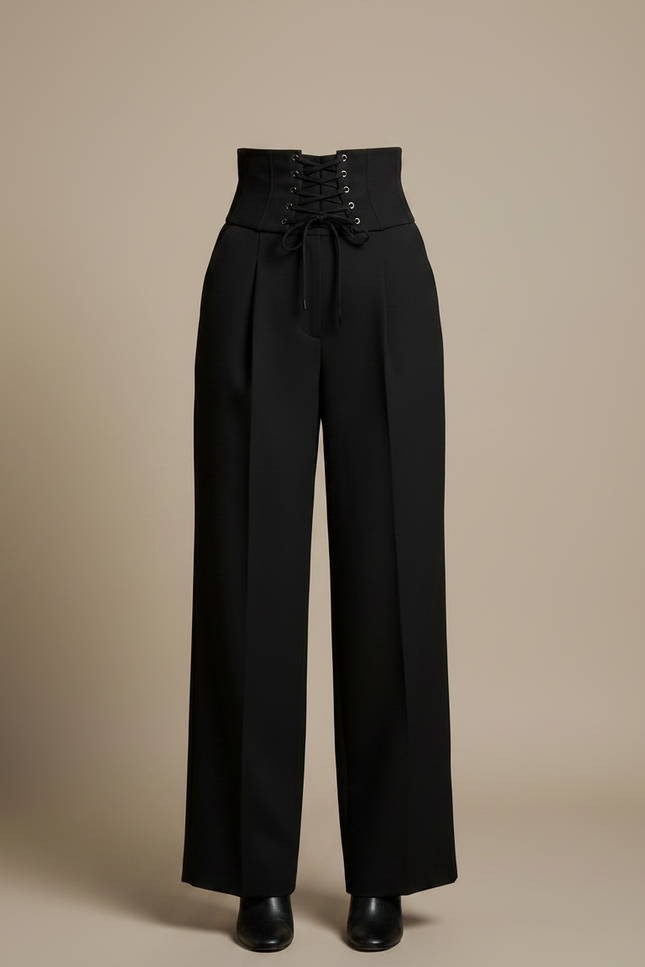 Pantalon Noir Taille Haute Cordon Large Ample - Gabardine - vue 3