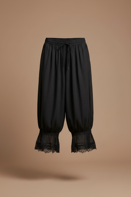 Pantalon Noir Ample Plissé Dentelle Élastique Fluide - Viscose - vue 3