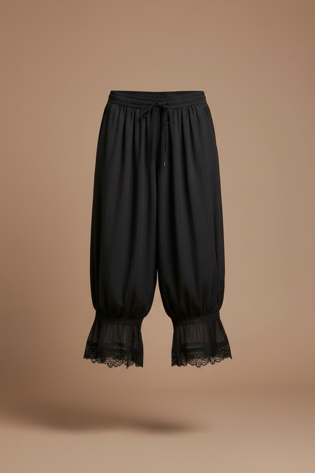 Pantalon Noir Ample Plissé Dentelle Élastique Fluide - Viscose - vue 3
