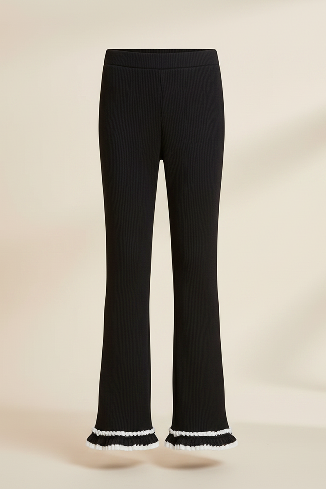 Pantalon Noir Côtelé Évasé Dentelle Enfant - Maille - vue 3