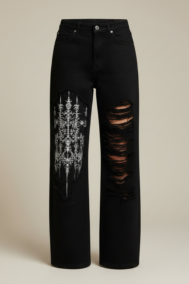 Pantalon Noir Ample Brodé Délavé Streetwear Femme - Jean - vue 3