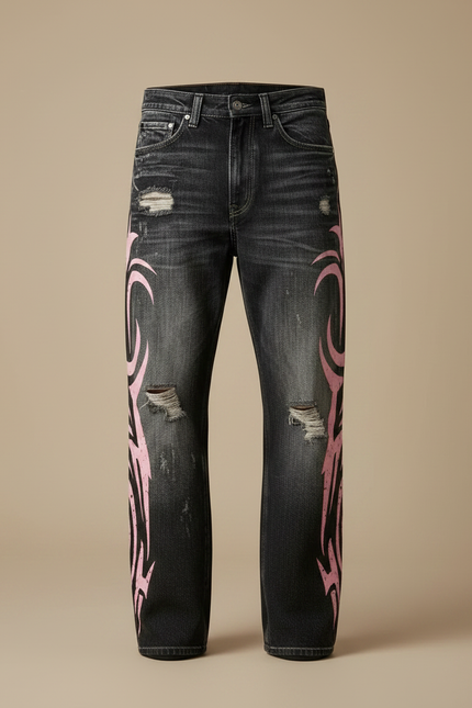 Pantalon Noir Ample Denim Tribal Rose Déchiré - Jean - vue 3