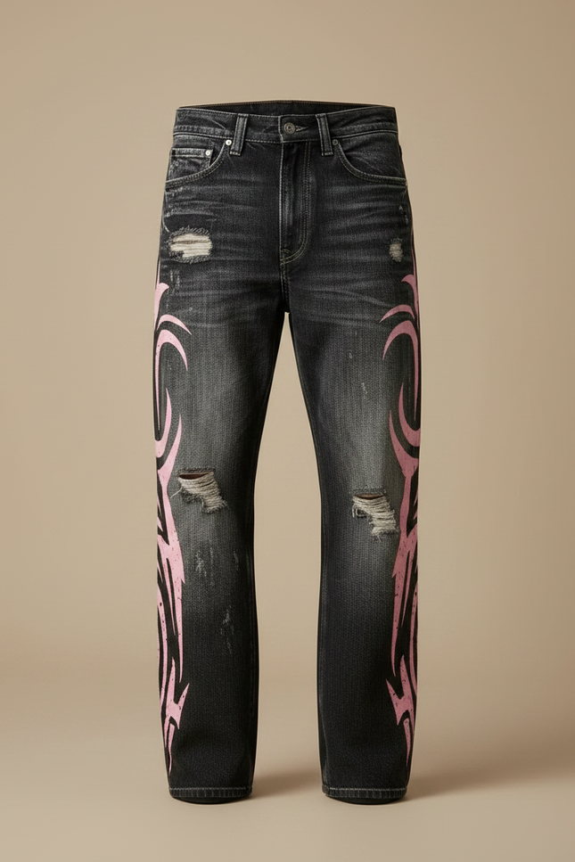 Pantalon Noir Ample Denim Tribal Rose Déchiré - Jean - vue 3