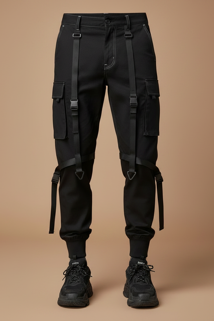 Pantalon Noir Cargo Homme Sangles Décontracté Streetwear - Toile - vue 3