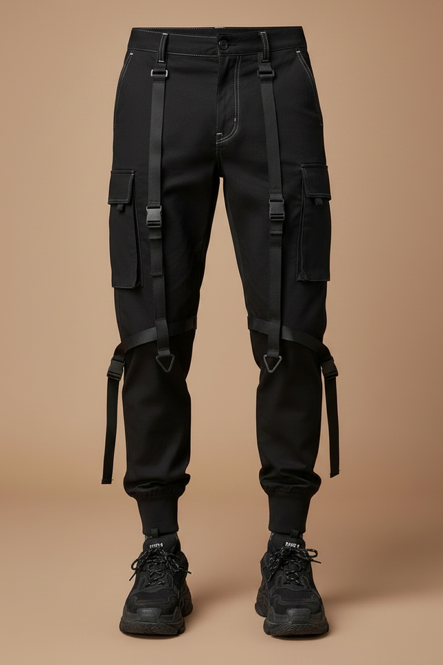 Pantalon Noir Cargo Homme Sangles Décontracté Streetwear - Toile - vue 3
