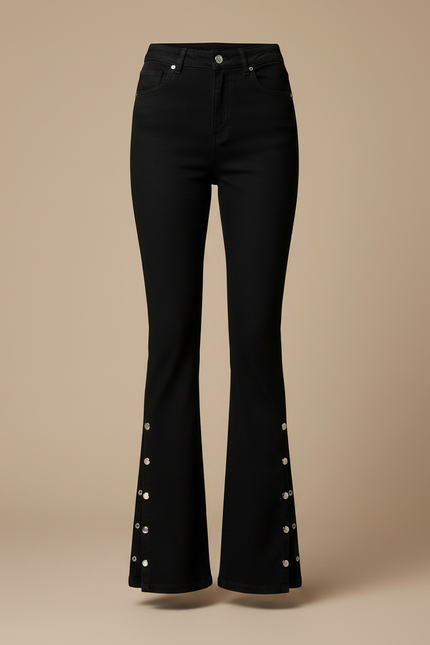 Pantalon Noir Évasé Boucles Métalliques Boutons - Jean - vue 3