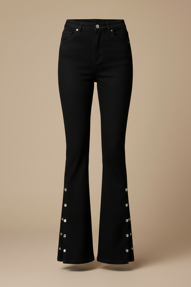 Pantalon Noir Évasé Boucles Métalliques Boutons - Jean - vue 3